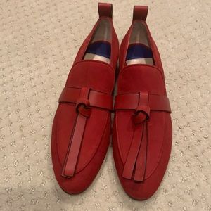 Stuart Weitzman Red Suede Tassle Loafers